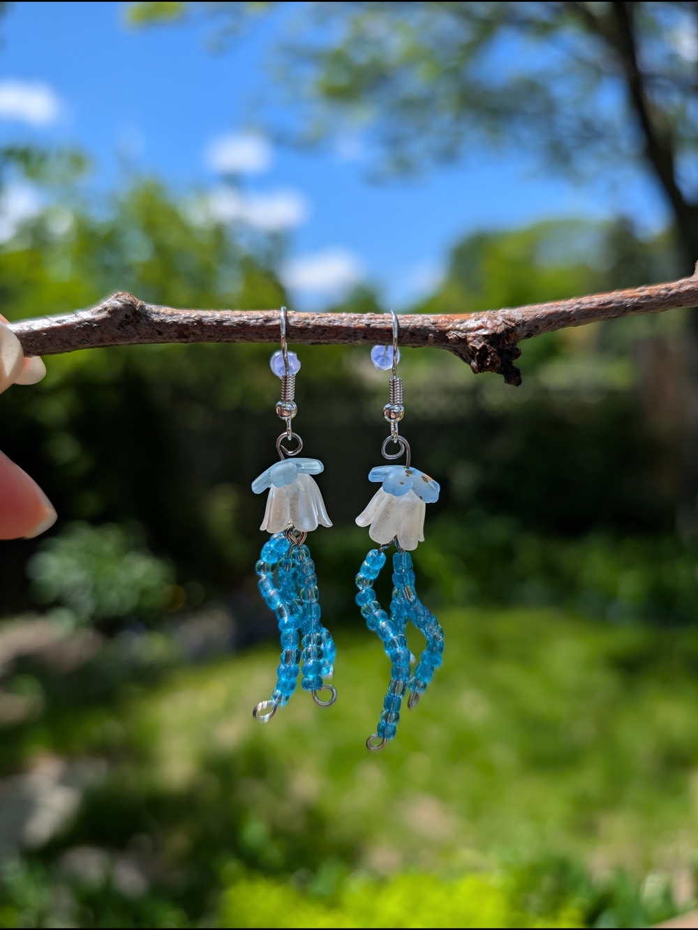 Handmade Blue Beaded Jelly Fish Floral Drop Earrings